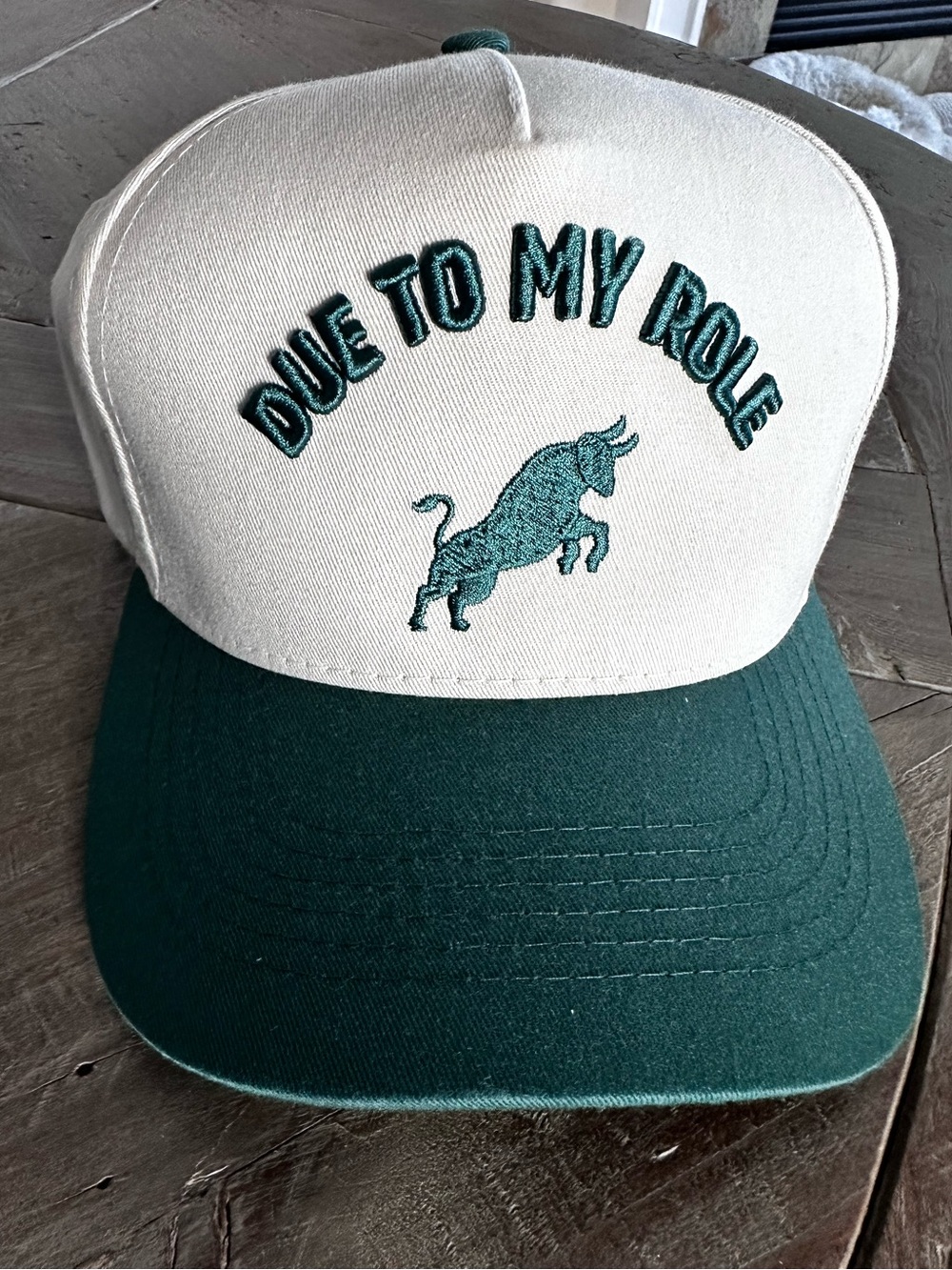 Due To My Role Embroidered Two-Tone Trucker Hat - Green & Cream